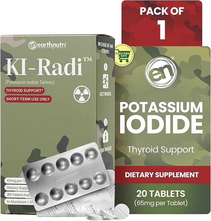 EarthNutri KI-Radi™ Potassium Iodide KI Tablets 65 mg – High Potency Iodine for Thyroid Support, Emergency Preparedness – Potassium Supplement in Foil-Foil Blister Seal – 20 Tablets (1 Pack)
