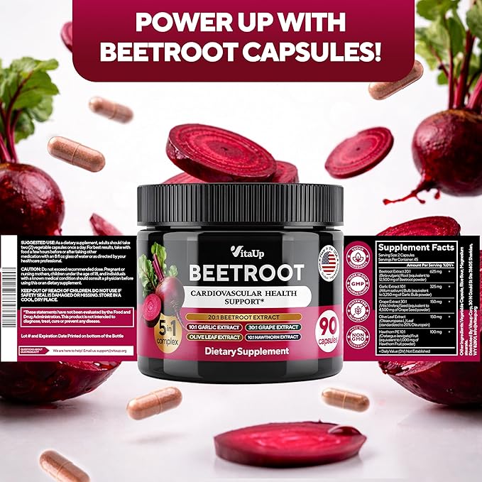 Beet Root Capsules - USA Made Beetroot Supplement for Normal Circulation, Nitric Oxide & Heart Support - 5-in-1 Beets with Grape Seed, Garlic Extract, Hawthorn Berry, Olive Leaf - 90 Vegan Caps