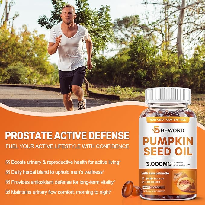 Pumpkin Seed Oil with Saw Palmetto Softgels, 3000mg Per Serving, 300/600 Softgels | Cold-Pressed with Essential Fatty Acids & Phytosterols | Supports Hair, Urinary, Bladder & Prostate Health | Non-GMO