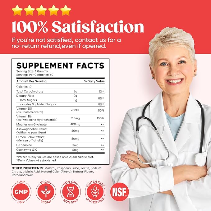 60 Day Supply Magnesium Glycinate 400mg Gummies with Ashwagandha, L-Theanine, CoQ10, Vitamin D3 & B6, Sugar Free Magnesium Gummies for Adults & Kids, Stress Relief, Sleep & Calm, Vegan, Gluten Free