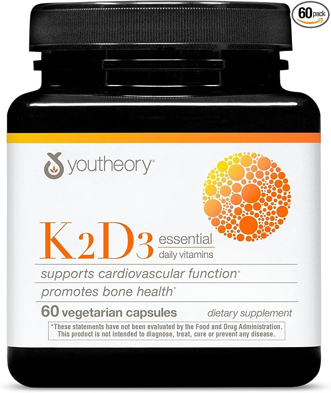 Youtheory K2D3 - Bone & Heart Health Support - Combines Vitamin D3 & Vitamin K2 - Dairy, Soy & Gluten Free - 60 Vegetarian Capsules