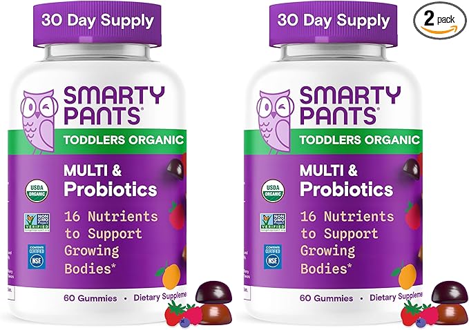 SmartyPants Organic Toddler Multivitamin Gummies: Probiotics,Omega 3 (ALA),Vitamin D3,C,Vitamin B12,B6,A,K&Zinc,Beta Carotene,Gluten Free,Three Fruit Flavors, (30 Day Supply),60 Count (Pack of 2)