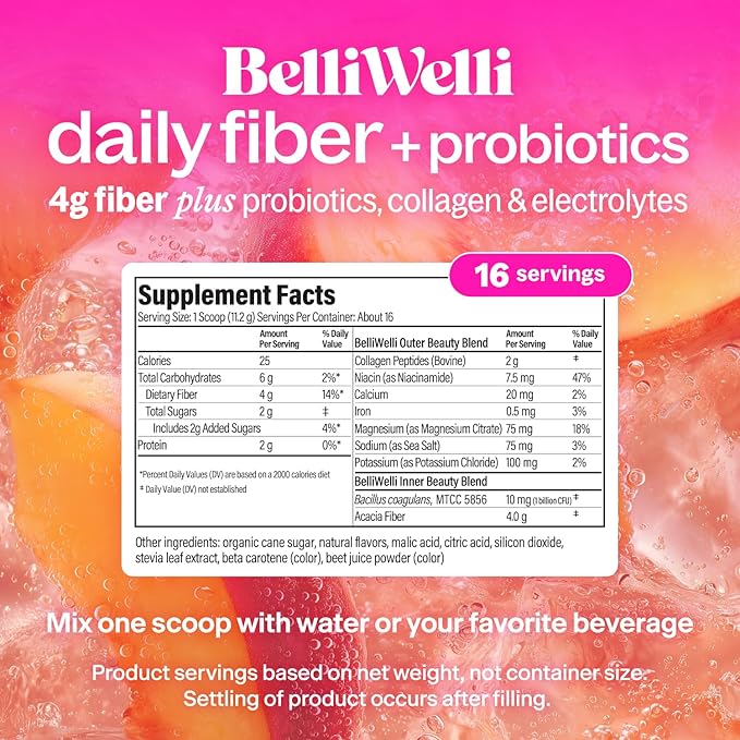 BelliWelli Fiber Supplement for Women & Men – Premium Daily Fiber Powder from Organic Acacia with Added Collagen, Electrolytes & Probiotics – No Bloat, Constipation & Gut Health Support (Peach Mango)