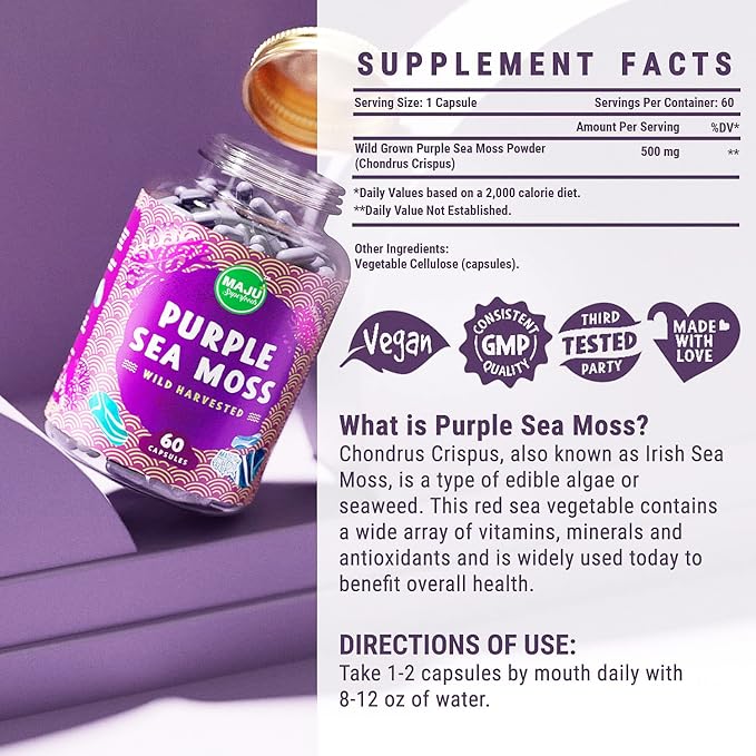 MAJU's Powerful Purple Sea Moss Capsules (60 ct), Extra-Strength Purple Minerals, Chondrus Crispus, Stronger Than Gel, Compare to Organic Irish Seamoss Capsule, Wild Harvested Powder Pills