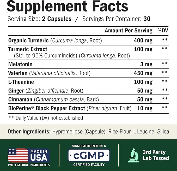 Melatonin 3mg Sleep Aid with L-Theanine & Valerian Root – Turmeric Curcumin Supplement with Ginger & Black Pepper – Organic Turmeric Supplement for Sleep, Calm and Stress Relief Support – 60 Capsules