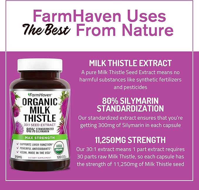 FarmHaven USDA Organic Milk Thistle Capsules | 30X Concentrated Seed Extract & 80% Silymarin Standardized - Supports Liver Function and Overall Health | Non-GMO | 240 Vegan Capsules