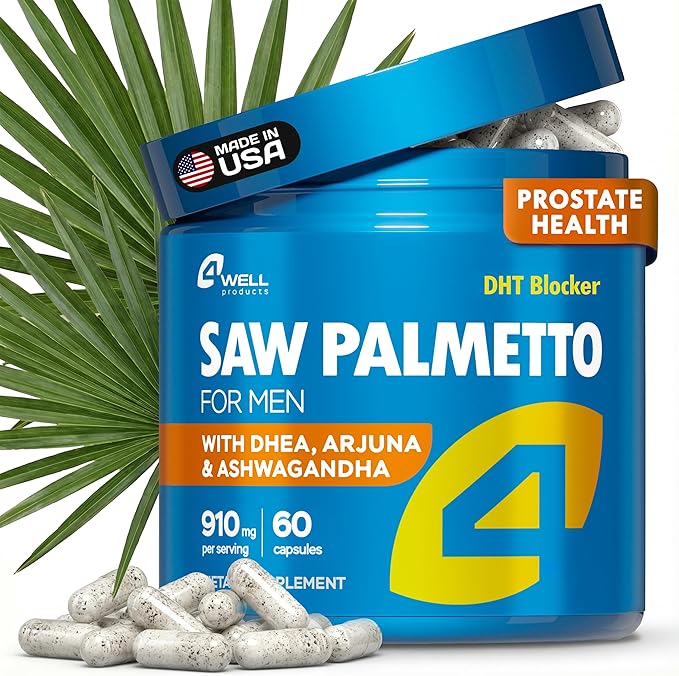 4Well Products Saw Palmetto for Men & Prostate Health Supplements with Arjuna Extract - Advanced Formula Saw Palmetto & Arjuna Bark Extract w/DHEA & Ashwagandha 900mg - DHT Blocker for Hair Support