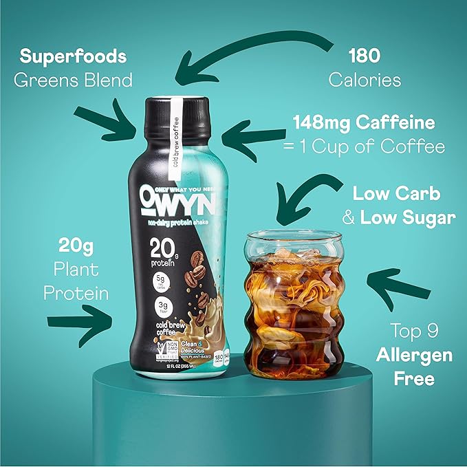 OWYN Only What You Need Cold Brew Coffee Flavored Protein Shake, 20g Protein, 4g Sugar, 3g Fiber, Dairy Free, Plant Based Protein Drink, 12 Count