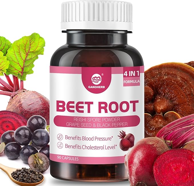 Beet Root Capsules 24000mg with Grape Seed Extract, Reishi Mushroom, Black Pepper, Beet Root Supplement 4 in 1 for Nitric Oxide and Health Circulation, 90 Rapid Release Capsules