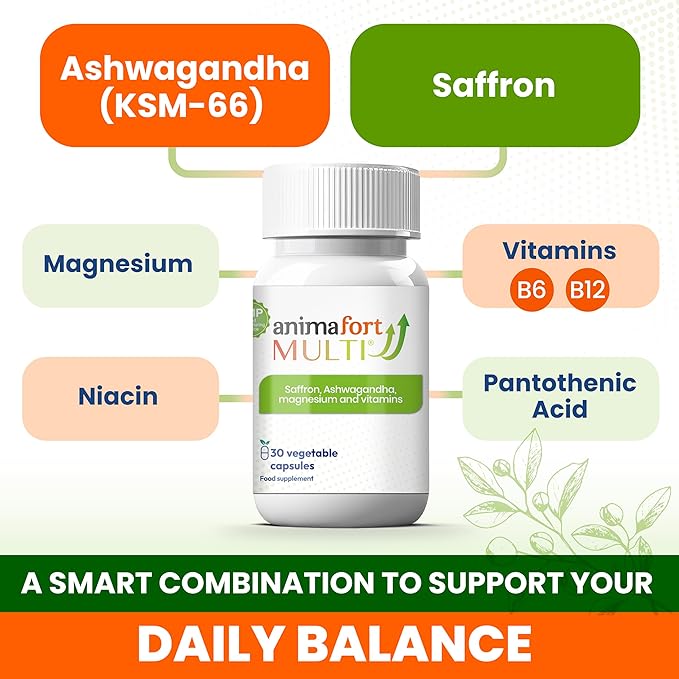 NIAM Laboratorios Ashwagandha KSM-66 & Saffron Supplement | Stress Relief, Mood & Emotional Balance | Vitamin B & Magnesium | Natural Pills for Mental Relaxation | 30 Capsules | AnimaFort Multi