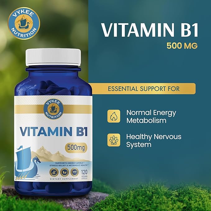 Vykee Nutrition Vitamin B1 (Thiamine) Capsules – Supports Energy Metabolism & Nervous System Health – Vegan, Non-GMO, Gluten-Free – 500 mg, 120 Count