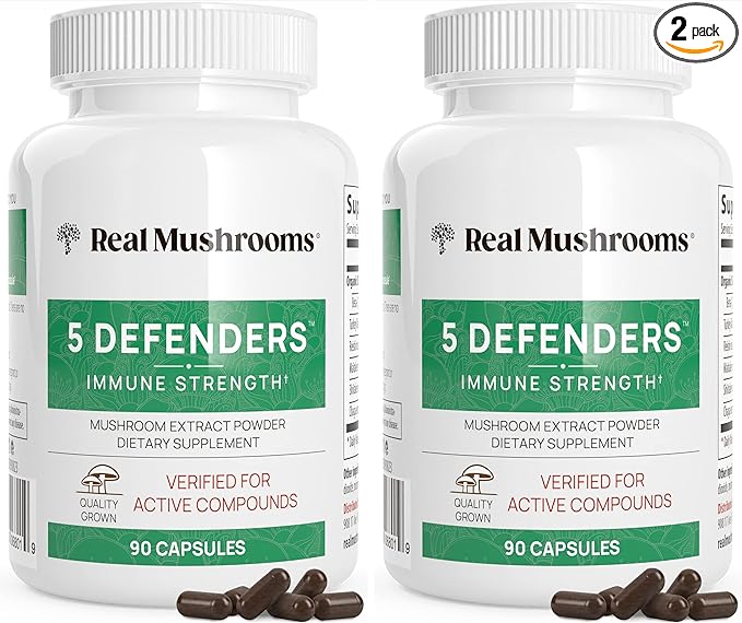 Real Mushrooms 5 Defenders - Adaptogenic Mushrooms Complex with Chaga, Reishi, Turkey Tail, Maitake & Shiitake for Wellness Support - Mushroom Beta Glucan Capsules - 90 Count (Pack of 2)