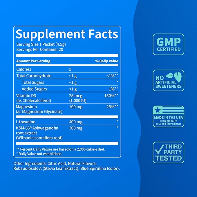 Nello Supercalm Drink Mix with Magnesium Glycinate, KSM 66 Ashwagandha, Vitamin D3 and L Theanine, Calm Powder Supplements for Relaxation Support, No Sugar, Travel Packets, 20 Ct, Blue Coconut