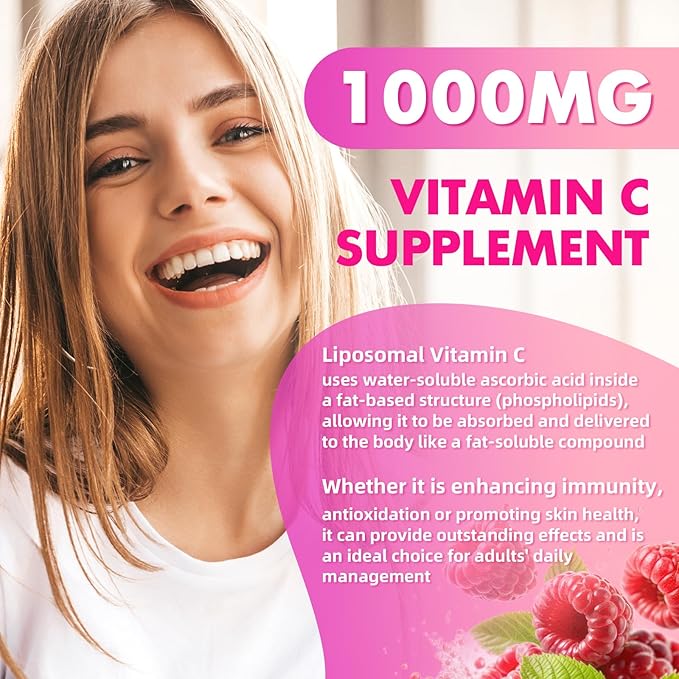 2 Pack Liposomal Vitamin C 1000mg Gummies for Adults Kids, 1500mg Chewable Vitamin C w/Iron, Zinc & Elderberry - Immune Support & Energy, Collagen Booster, Raspberry, 120 Count