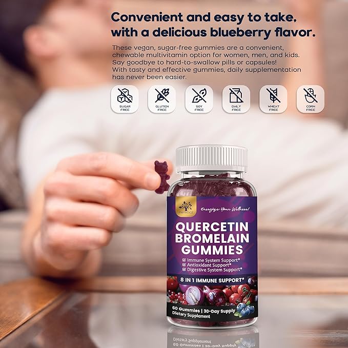 (3 Pack) Quercetin Gummies with Bromelain Zinc Elderberry Vitamin C D3 K2, Quercetin 1000mg Supplement with Bromelain 500mg for Cardiovascular, Immune System & Allergy, Vegan Gummy for Adult & Kid