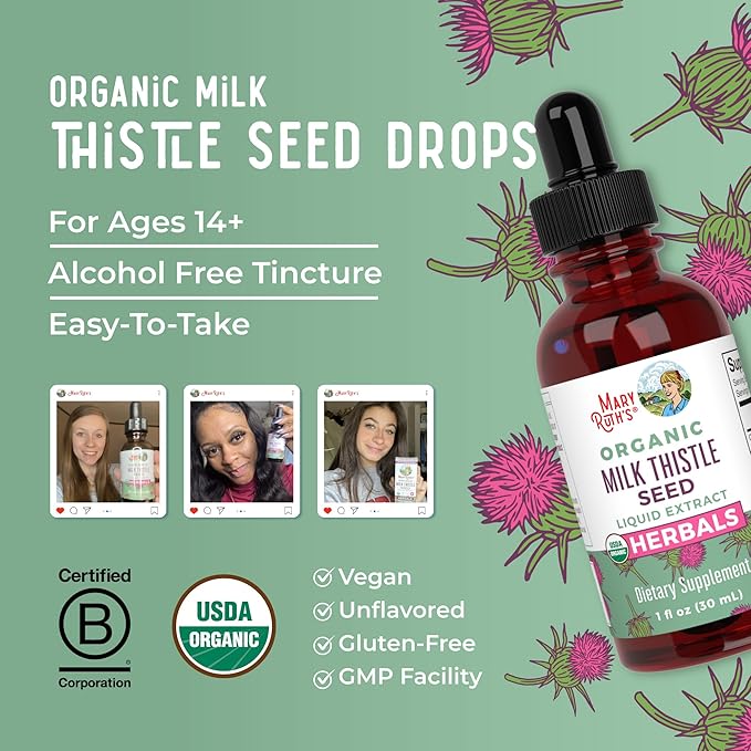 MARYRUTH'S Organic Milk Thistle Seed Liquid Extract Drops, 1 fl oz | 1,190 mg Milk Thistle Seed | Silybum marianum | Alcohol-Free | Vegan | USDA Organic | Non-GMO