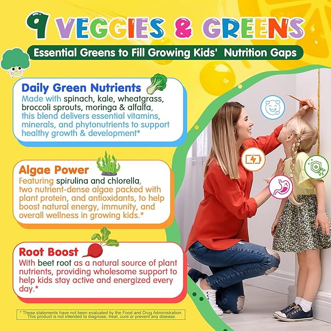 Kids Super Greens Gummies, Superfood Multivitamin for Kids, 30 Veggie, Fruit, Vitamin, Mineral, Probiotic, Kids Vitamin Gummies for Growth, Immunity, Digestion, Picky Eater Approved, Sugar Free 2Pack