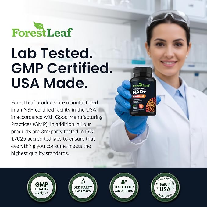 ForestLeaf NAD Resveratrol Capsules, Liposomal NAD Supplement for Women and Men with D-Ribose and Pomegranate, NAD+ for Energy, Focus and Anti-Aging Support, NMN Supplement Alternative (60 Caps)