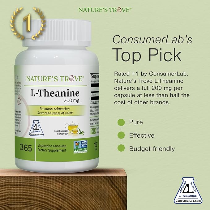 Nature's Trove L-Theanine 200mg Super Value Size - 365 Vegetarian Capsules
