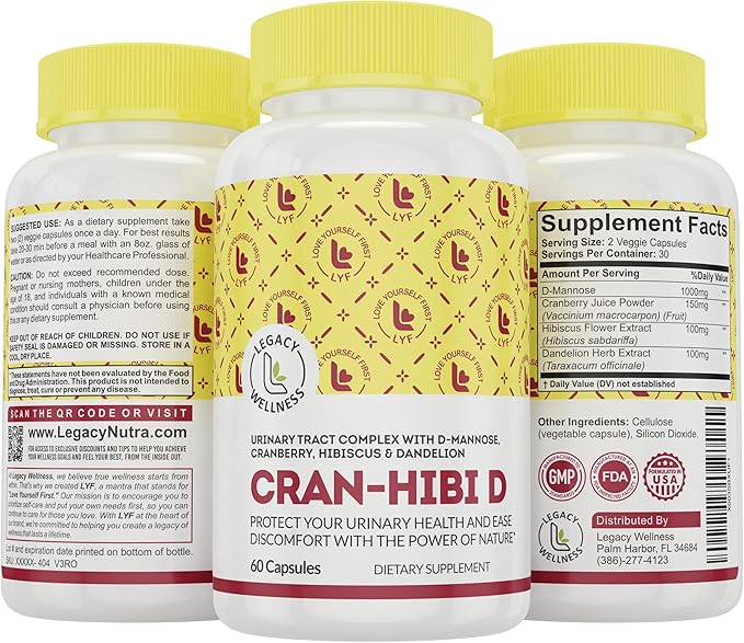 Legacy Wellness Cran-Hibi-D: D Mannose with Cranberry, Hibiscus & Dandelion Capsules - Urinary Tract Health - Natural Cleanse, Bladder Support, Detox Flush, Herbal UT Supplement Pills for Men & Women