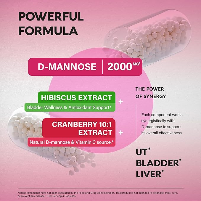 D-Mannose 2000mg with Cranberry & Hibiscus - Clinically Tested Strength for Urinary Tract Health - Supplement for Women - Bladder, Liver & Microflora Support - Made in USA - Vegan, 120 Capsules