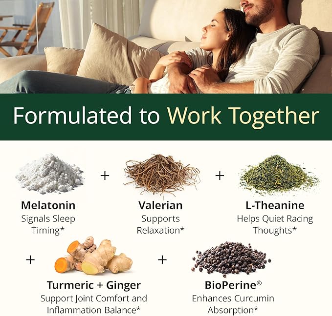 Melatonin 3mg Sleep Aid with L-Theanine & Valerian Root – Turmeric Curcumin Supplement with Ginger & Black Pepper – Organic Turmeric Supplement for Sleep, Calm and Stress Relief Support – 2 Pack