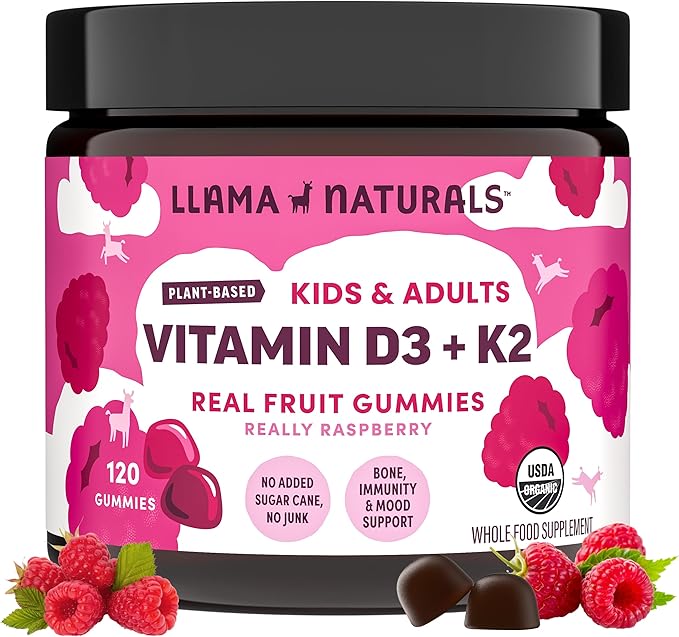 Llama Naturals Vitamin D3 K2 Gummies for Adults and Kids, Vegan, Organic, Vitamin D Gummies, Real Fruit Gummy Vitamins, No Added Sugar Cane, Raspberry, 120 Ct