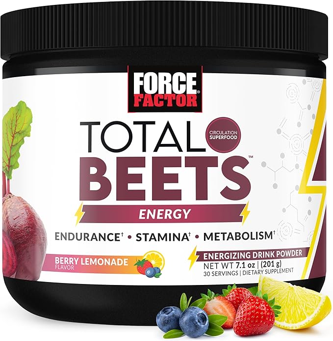 Force Factor Total Beets Beet Root Powder with Energy, NO3-T® Nitrates to Support Circulation, Blood Pressure, Blood Flow, and Stamina - Plus Green Tea Extract. A Superfood Supplement, 30 Servings