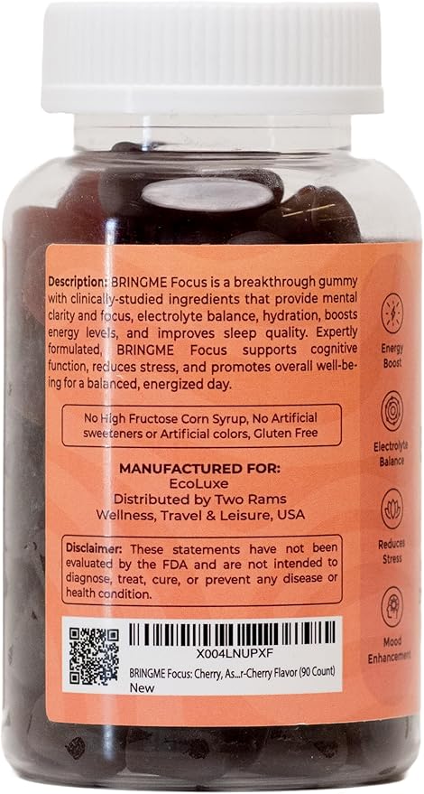 BRINGME Focus Gummies – Nootropic Brain & Focus Support with Ashwagandha, Rhodiola, Potassium & Magnesium for Memory, Clarity, Mood & Energy – Low Sugar Cherry Flavor, 90 Count