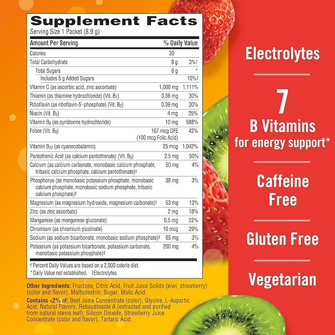 Emergen-C 1000mg Vitamin C Immune Support Powder Strawberry Kiwi 30CT includes Zinc, Manganese, 7 B Vitamins and Electrolytes for Back to School Essentials