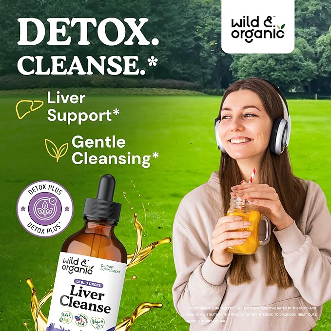 Wild & Organic Liver Cleanse Detox Tincture - Milk Thistle, Dandelion Root Herbal Complex - Liquid Liver Support Supplement - Vegan, Sugar & Alcohol-Free Milk Thistle Drops - 4 fl oz