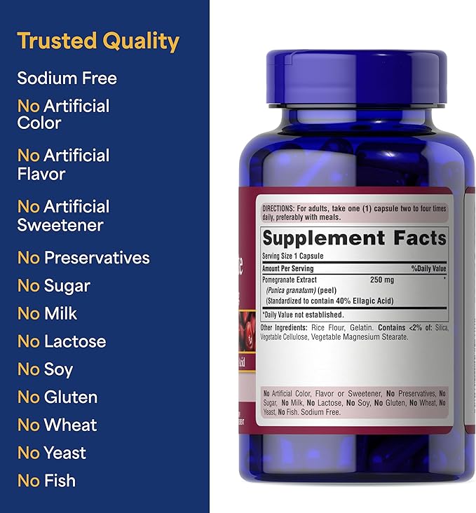 Puritan's Pride Premium Pomegranate Extract 250mg, Dietary Supplement for Antioxidant Health and Healthy Aging Program, 40% Ellagic Acid,120 Rapid Release Capsules (Packaging May Vary)