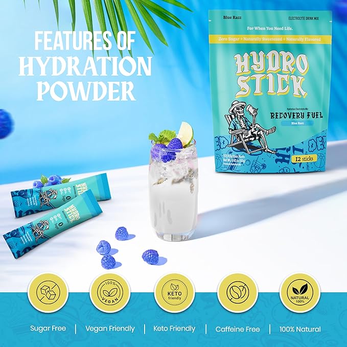 Electrolyte Powder Drink Mix | Glutathione, L-Theanine, Vitamins B6 & B12, Ginger & Magnesium for Hydration & Liver Health | Sugar-Free, All-Natural, Immune Support - Blue Raspberry | 12 Pack