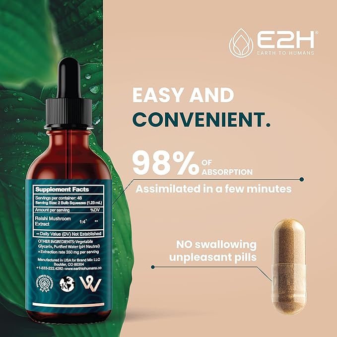 Reishi Mushroom Supplement - Faster Absorption Than Reishi Mushroom Capsules or Powder - Our Reishi Mushroom Extract Promotes Longevity - Reishi Mushroom Tincture - 2 Fl Oz by E2H