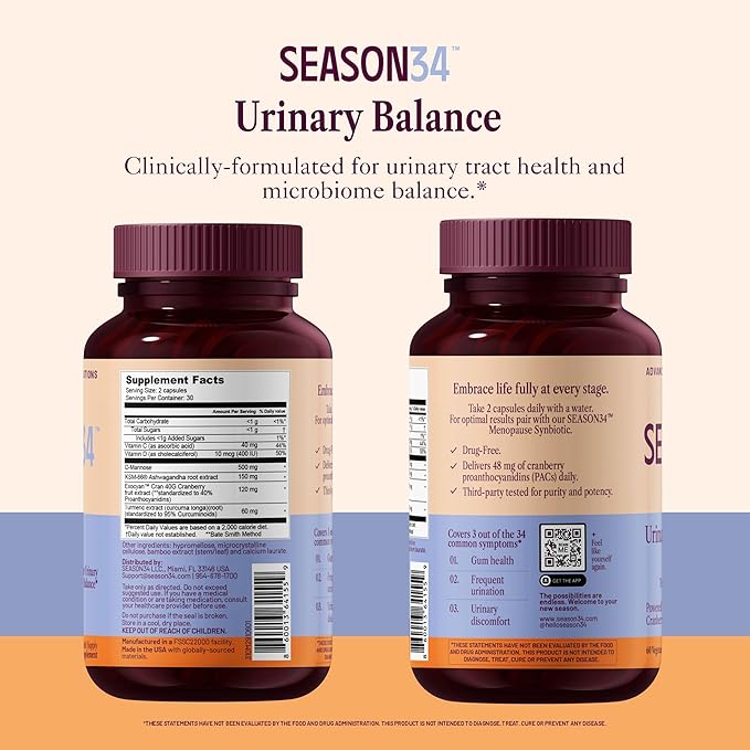 Menopause Urinary Support for Women 40+ | Urgency, Frequency & Hydration Balance | with D-Mannose & 48mg PAC Cranberry | Hormone-Free, Doctor-Formulated | 60 Capsules 1 Month Supply