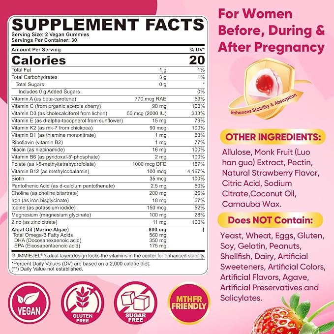 Prenatal Vitamins for Women Gummies, Methylfolate 1mg, Vegan Omega 3 DHA 800mg, Iron, Choline, Iodine, Vitamin D3 B6 B12 - Multivitamin for Women Before, During & After Pregnancy, Sugar Free, 60 Count