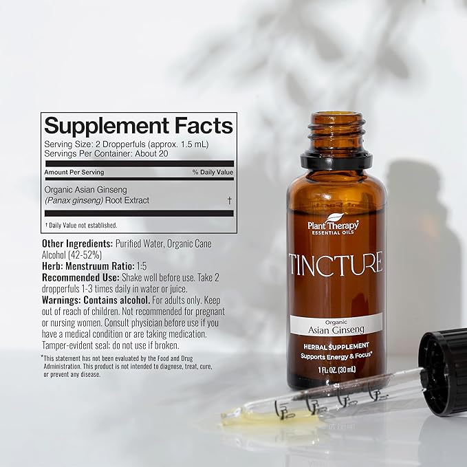 Plant Therapy Organic Asian Ginseng Root Herbal Supplement Tincture 30 mL (1 oz) Great for Energy, Encourages Mental Focus, Vegan, Non GMO, Gluten Free, Liquid, 1 Bottle