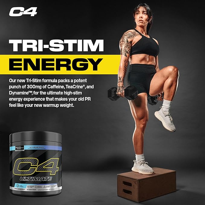 C4 Ultimate Pre Workout Powder ICY Blue Razz - Sugar Free Preworkout Energy Supplement for Men & Women - 300mg Caffeine + 3.2g Beta Alanine + 2 Patented Creatines - 20 Servings