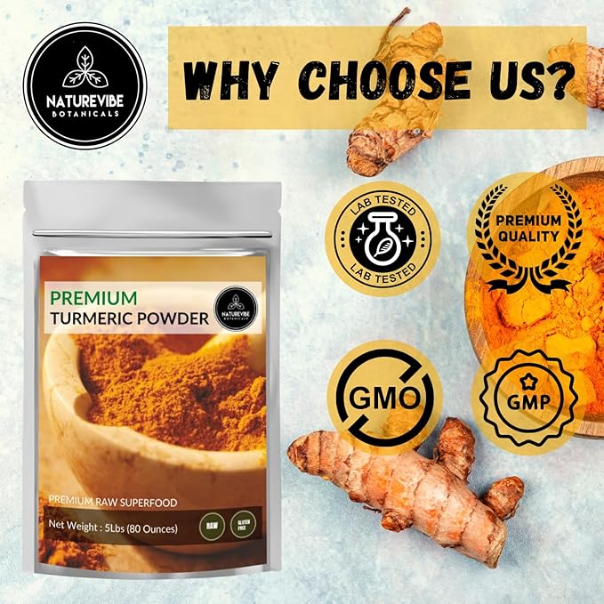 Premium Quality Turmeric Root Powder with Curcumin 5lbs by Naturevibe Botanicals | Raw Turmeric Root Grounded |100% Pure, Non-GMO and Gluten Free (80 Ounces)