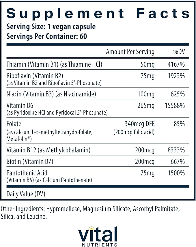 Vital Nutrients Vitamin B6 + B Complex - Vegan Methylated B Vitamins for Energy, Metabolism, Heart Health* - High-Potency Vitamin B6 for Menstrual Discomfort * - Gluten, Dairy, Soy Free - 60 Capsules