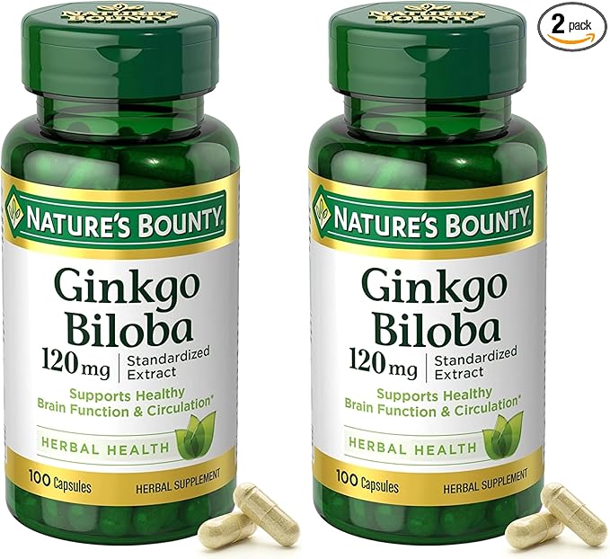 Nature's Bounty Ginkgo Biloba Capsules 120mg, Memory Support Supplement, Supports Brain Function and Mental Alertness, 100 Capsules (Pack of 2)