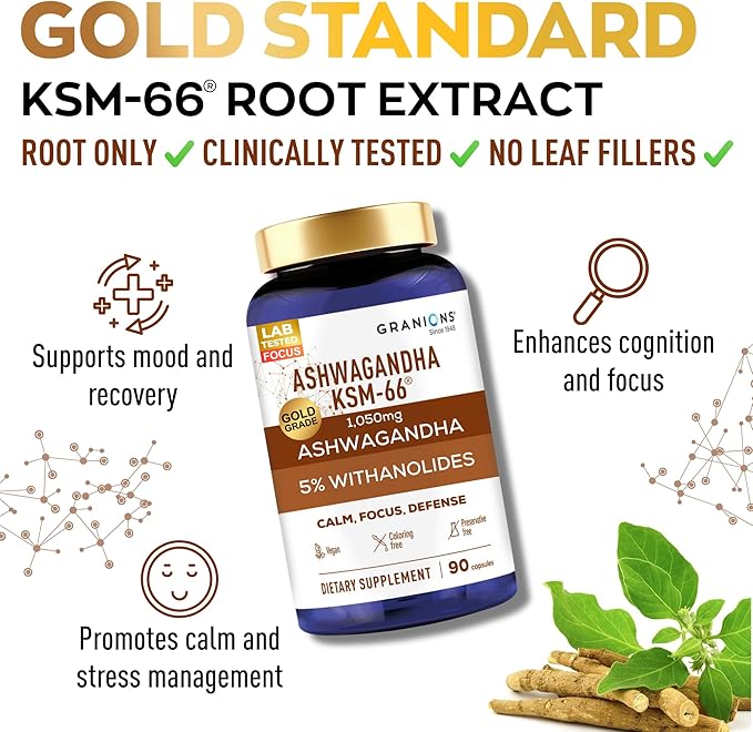 Granions KSM66 Ashwagandha Supplements - 1,050 mg, 5% Withanolides, Clinically Studied KSM-66 Root Extract Pills - Vegan Stress and Focus Support for Men and Women - 90 KSM 66 Ashwagandha Capsules