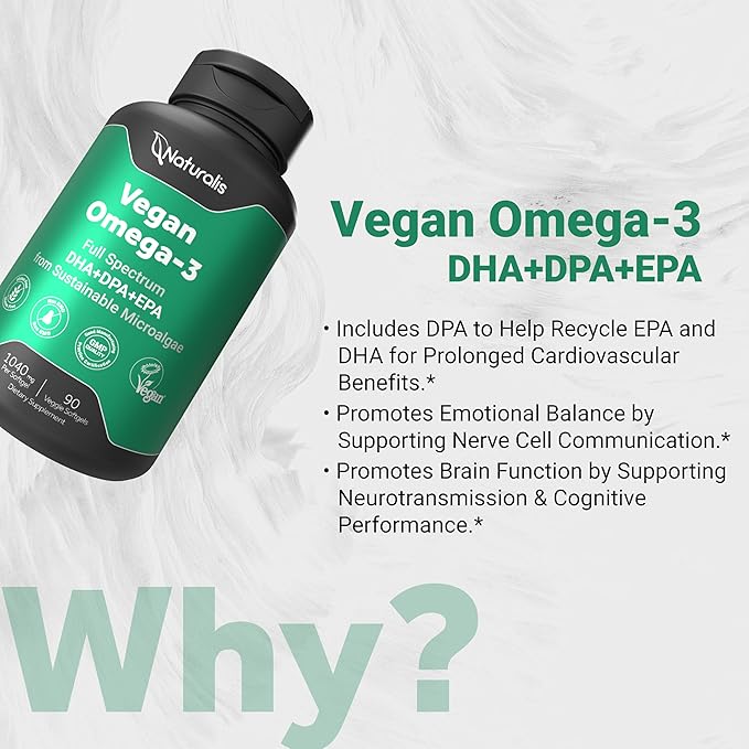 Naturalis Double Strength Vegan Omega 3 DHA, EPA & DPA from Microalgae | Vegan Society Certified, Sustainably Sourced, True Full Spectrum | 90 Veggie Softgels (Carrageenan Free)