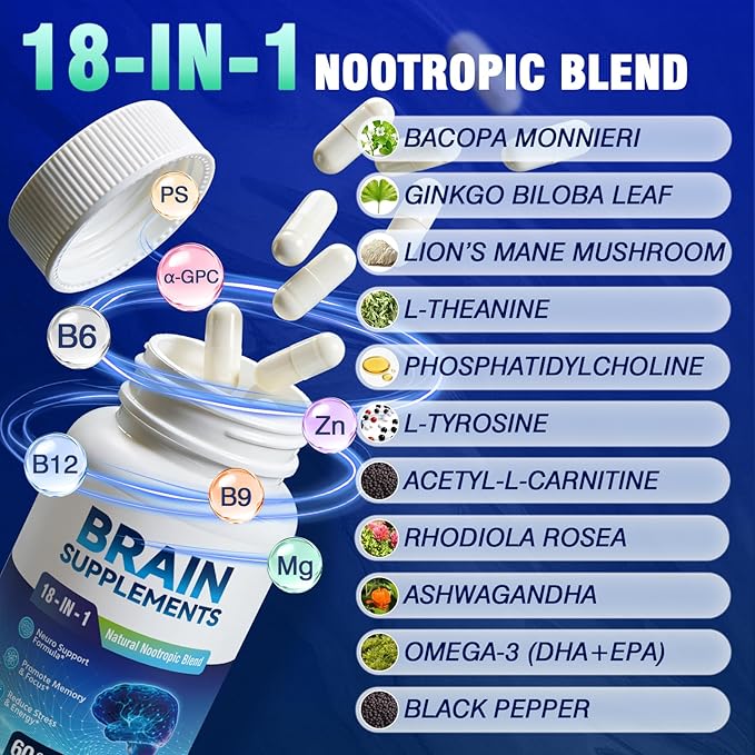 18-in-1 Brain Supplement for Memory and Focus – Nootropic Capsules with Alpha GPC, Bacopa, Ginkgo Biloba, Lion's Mane, Vitamin B6 & B12 | Cognitive Health, Mental Clarity | Vegan, Non-GMO