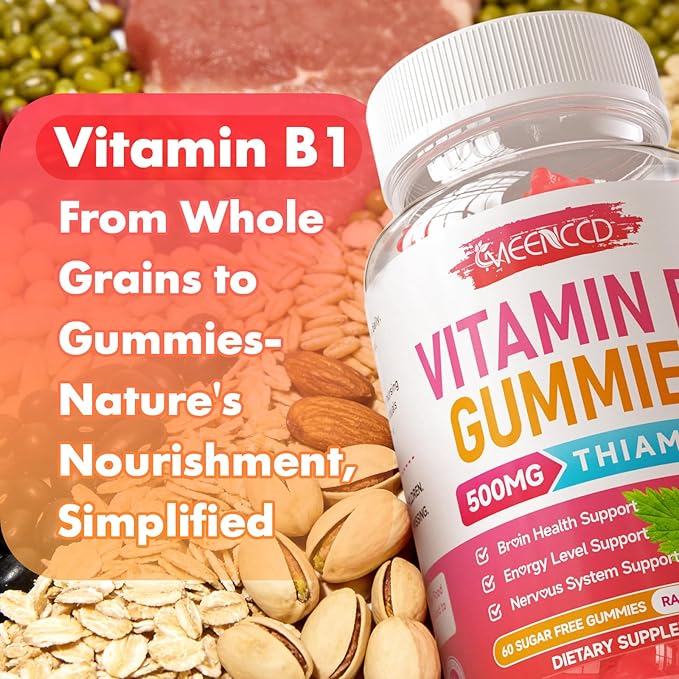 MEENCCD 2 Pack Vitamin B1 Gummies 500mg, Thiamine B1 Supplement Supports Energy Production, B1 Vitamin for Adults & Kids, Sugar-Free, Vegan, Raspberry Flavor, 120 Count