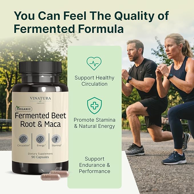 VINATURA Organic Fermented Beet Root with Maca, 1200MG - USA Made and Tested, 90 Capsules