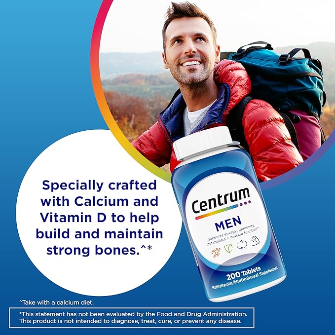 Centrum Multivitamin for Men, Multivitamin/Multimineral Supplement with Vitamin D3, B Vitamins and Antioxidants, Gluten Free, Non-GMO Ingredients -Tablet 200 Count
