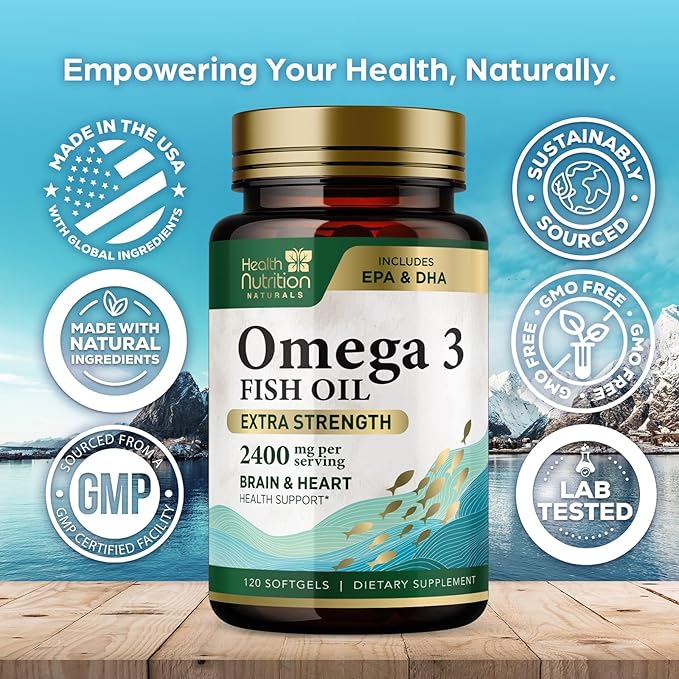 Omega 3 Fish Oil Supplements - 2400mg Fish Oil Per Serving - Triple Strength Omega-3 with EPA & DHA Fatty Acids - Natural Heart, Brain & Immune Support - Wild Caught, Bottled in USA - 120 Softgels
