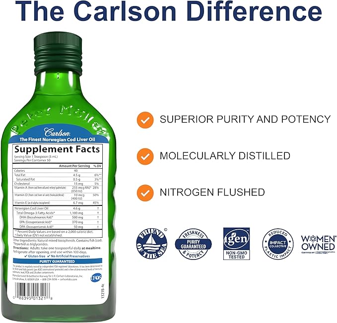 Carlson - Cod Liver Oil 1100 mg Omega-3s Plus Vitamins A & D3 - Wild Caught EPA DHA Omega 3 Supplement - Norwegian Arctic, Sustainably Sourced Nordic Fish Oil Liquid, Unflavored, 250 mL (8.4 Fl Oz)