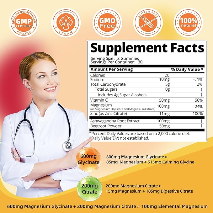 90 Count Magnesium Glycinate Gummies w/Ashwagandha Supplement - Sugar Free Zinc Magnesium Glycinate Supplement Ashwagandha Gummies for Adults Orange Flavor